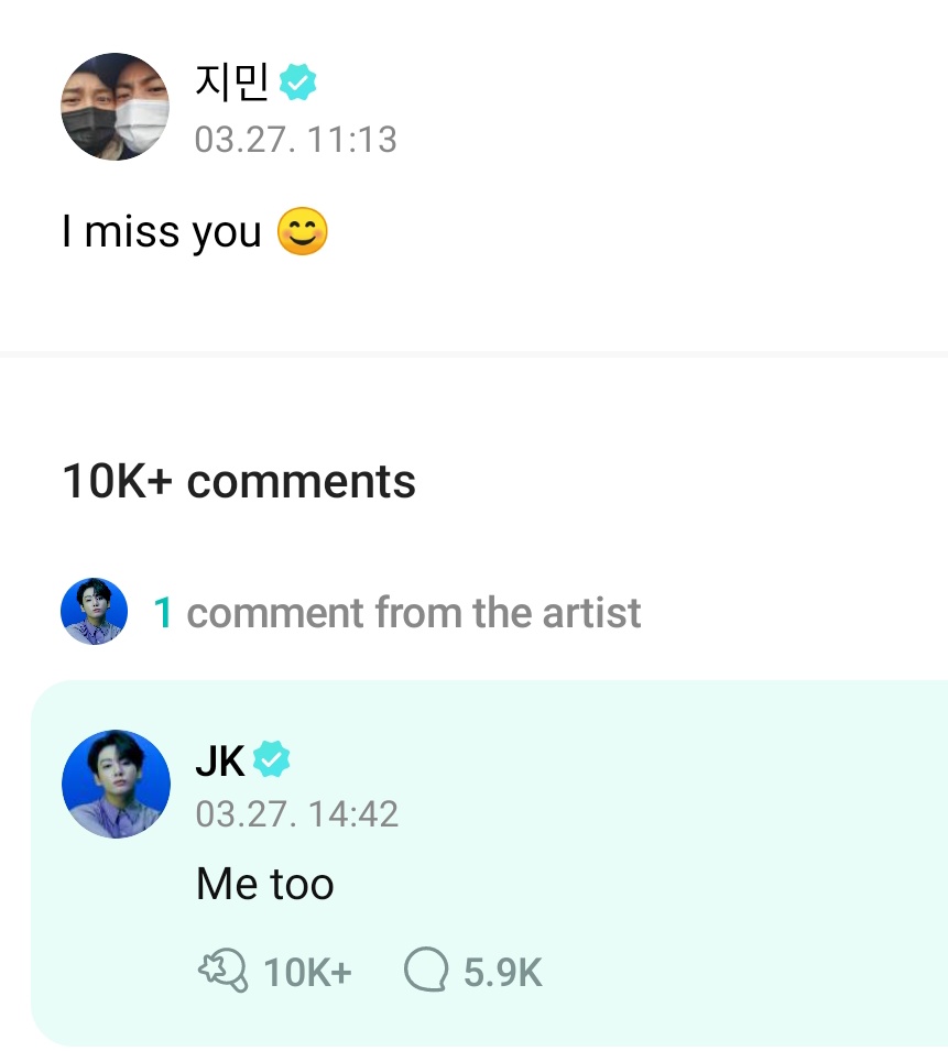 stopkookminpls's tweet photo. JUNGKOOK REPLIED "ME TOO" UNDER JIMIN'S "I MISS YOU" BYE https://t.co/jyaeLwrGeo