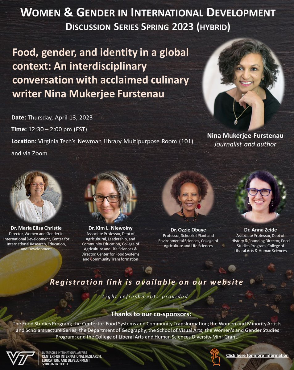 Join us for a panel discussion on food, gender, and identity in a global context with acclaimed culinary writer Nina Mukerjee Furstenau as a guest speaker!

🗓️April 13, 2023
⏰12:30 - 2:00 pm (EST)
📍Virginia Tech &amp; Zoom
🔗Register: bit.ly/3LAzGLc

#GenderAndDev