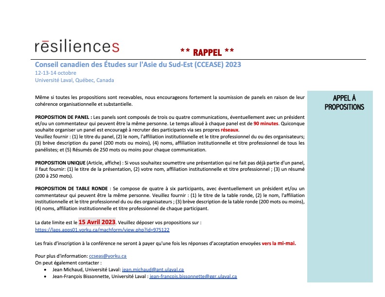 CCSEAS_CCEASE's tweet photo. Call for papers | CCSEAS 2023
Appel à propositions | CCEASE 2023
Info: https://t.co/TUKw7fSNW9
Deadline: 15 Apr 2023
@ubc_sea @UBCAsianStudies @AI_UofT @CAPIUVic @UVicPAAS @LSESEAC @aassrec @AASAsianStudies @universitelaval @uhcseas @McGillGradStudy @uOttawa @TMUgraduate https://t.co/ayXAN0pr0S