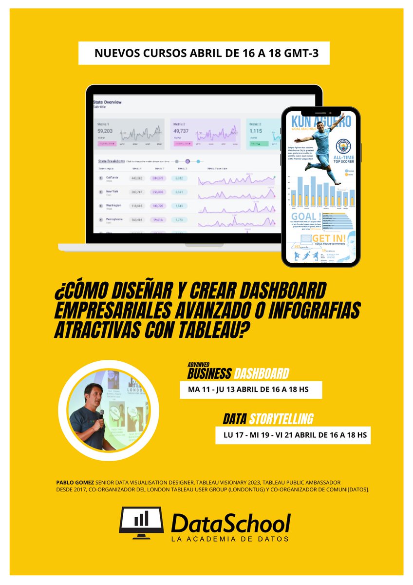 ¿Cómo diseñar y crear Dashboard Avanzados o Infografias con Tableau?

📊 Advanced Business Dashboard
ABRIL - MA 11 Y JU 13 DE 16 A 18HS
Temario: lnkd.in/dvnD37fQ

📊Data Storytelling 
ABRIL - LU 17 - MI 19 - VI 21 DE 16 A 18 HS
Temario: lnkd.in/d2iCKVbv