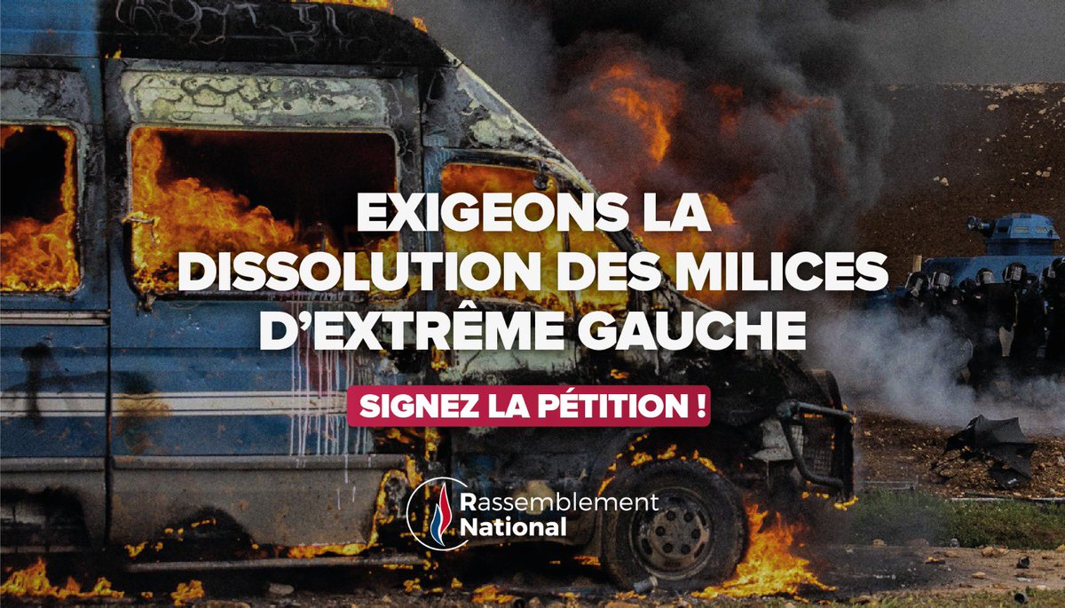 🔴 Ils pourrissent le mouvement social et l’écologie, contestent l’autorité de l’Etat, et sont, par leurs violences, les idiots utiles du pouvoir en place : exigeons la dissolution des milices d’extrême gauche !

Signez la pétition 👉🏻 rassemblementnational.fr/petition/exige…