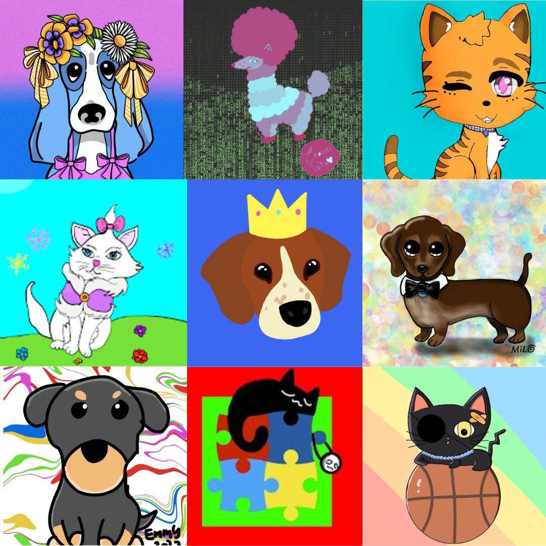 Are you a cat or a dog person?🐱🐶

All these cats and dogs were drawn by young artists, including my Milly in the middle. 
#nfts #nftcommunity #WomenInNFTs