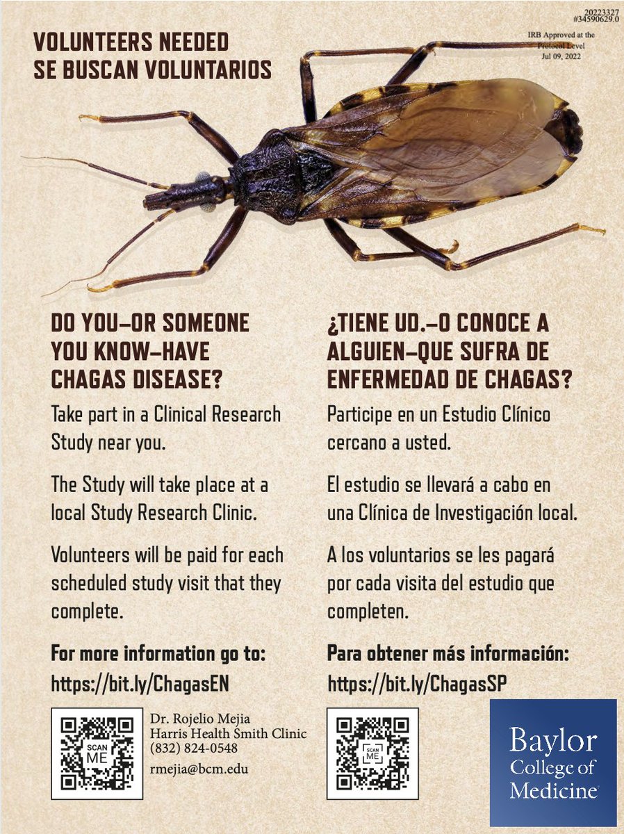 🚨Clinical trial alert🚨 We are screening participants from endemic regions for Chagas disease. Those that qualify will be enrolled in a clinical trial using a new therapy that is much less toxic than the current treatment. Please contact for more details. @BCM_TropMed
