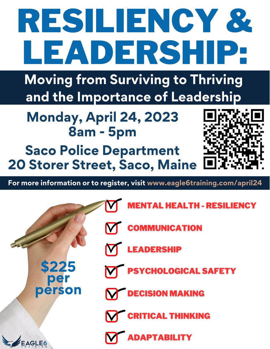 Although this flyer/training date is specifically for law enforcement, we offer the same type of training for everyone. We are all being asked to do more with less and many people are burning out. Let's talk about resiliency and moving from surviving to eagle6training.com