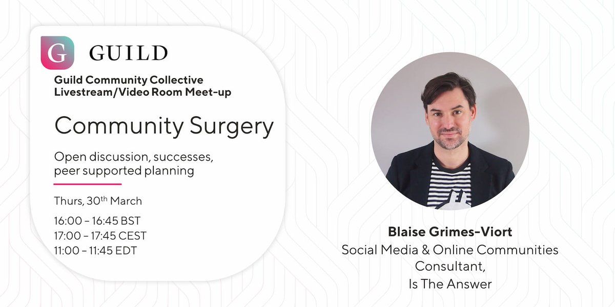 📢UPCOMING 🔊 Join me for the next Guild Community Collective Community Surgery on Thurs 30th March - share wins, discuss challenges, catch up on news, get feedback - join guild.co/communities/40… to be part of it!