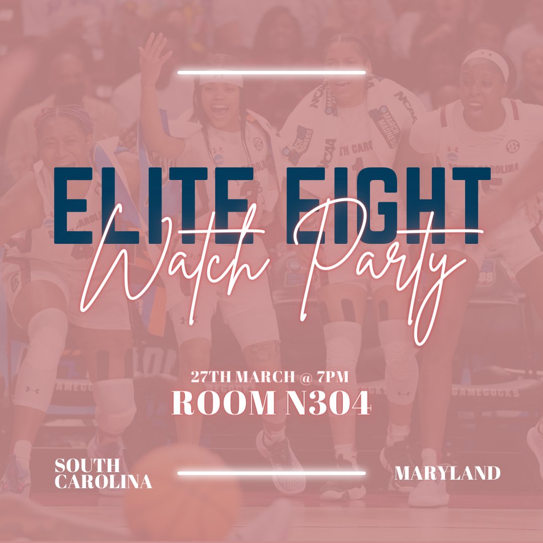 WISMUMASS's tweet photo. Good afternoon WISM and happy Monday! Tonight, at 7PM in N304, we will be hosting a watch party for the Elite Eight game between South Carolina and Maryland. Snacks will be provided and plenty of you have South Carolina winning in your brackets, so make sure to come by! https://t.co/Hphtob0YGK