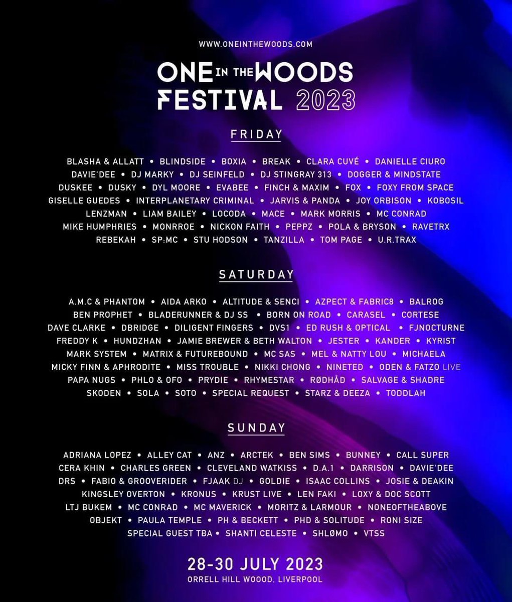 Honoured to be able to announce we are playing at One in the Woods festival this year in Liverpool. Look at that line up! #dnb