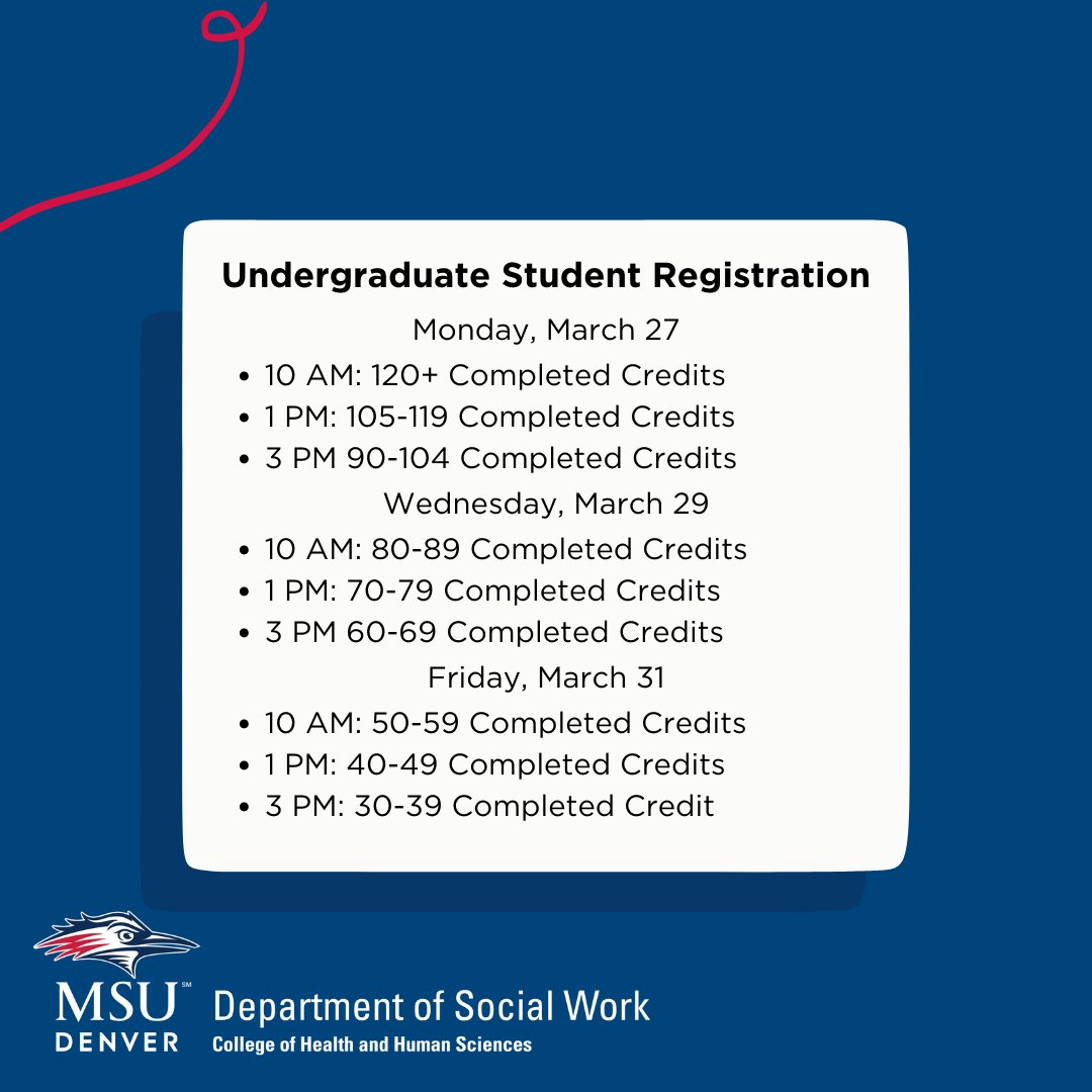 MSUDenverSWK's tweet photo. Don't Forget - Fall 2023 Registration starts today! Check your Student Hub for your exact registration date/time. Need help figuring out what to take this fall? Connect with a member of our advising team! https://t.co/YhroJE8UR5 #MSUDenver #MSUDenverSWK https://t.co/xeqbmu45Tt