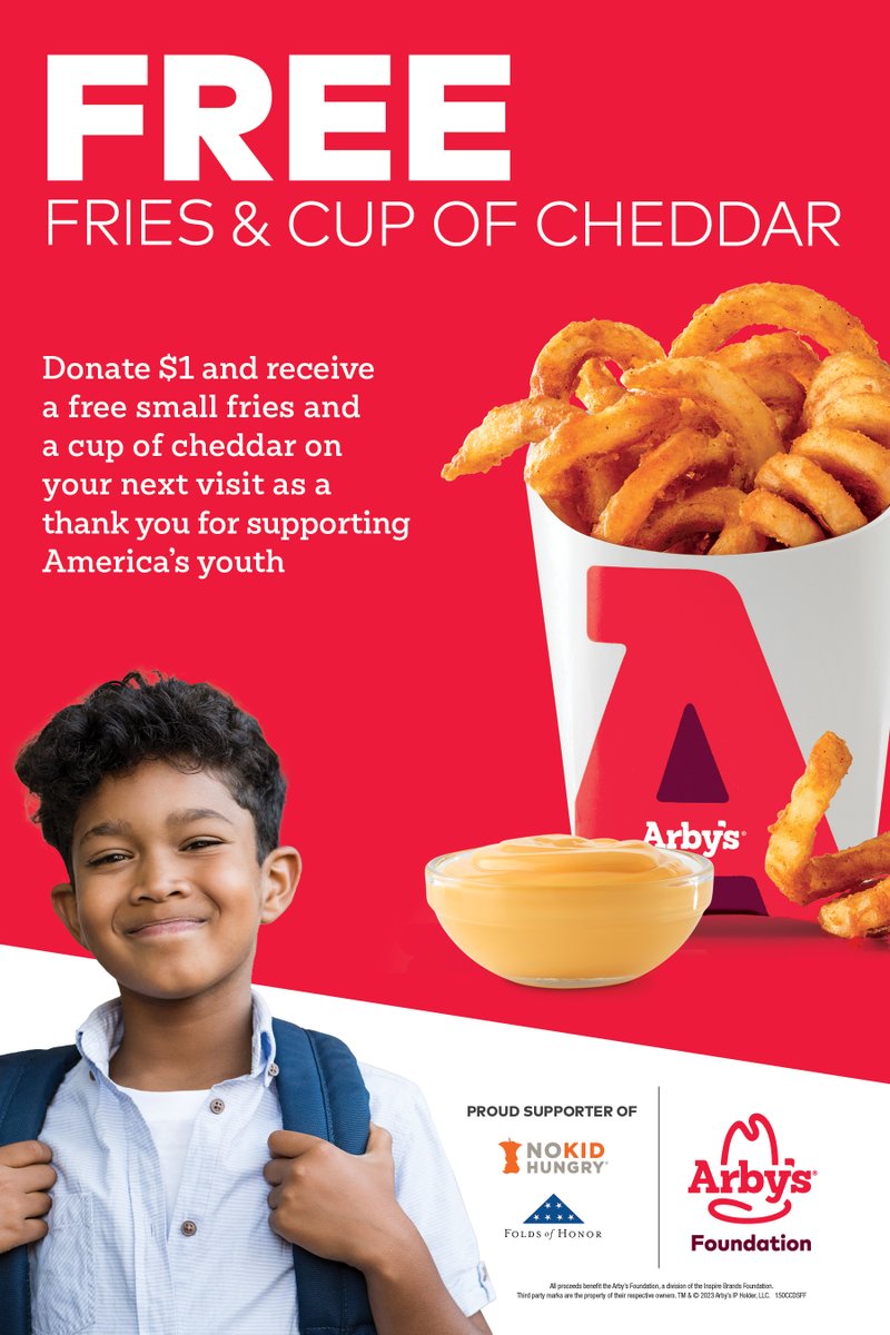 It's time for our #MakeADifferenceCampaign! Head now to your local @Arbys and donate $1 to support America's youth - when you donate, you'll receive a coupon for FREE fries and a cup of cheddar to redeem on your next visit. #ArbysFoundation