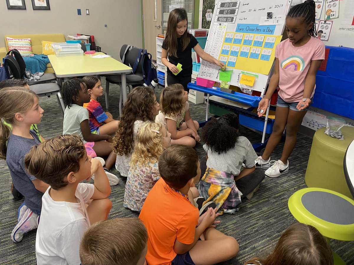 sranerio's tweet photo. Making connections between money and fractions knowledge to exchange fourths/quarters for a whole/dollar bills during number corner! #MarchMathMadness @HumbleElemMath @MrsHudson_GE https://t.co/C60PrHwTcp