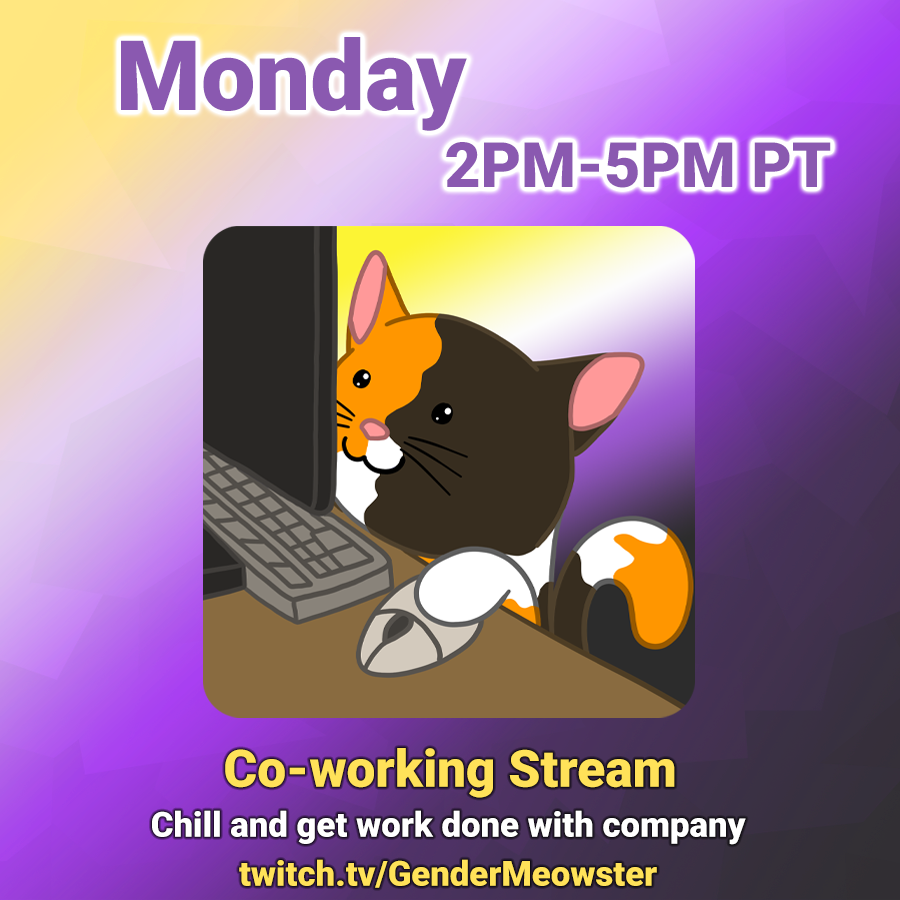 GenderMeowster's tweet photo. Meow live with a #coworking #bodydoubling #productivitystream ! Join #TheClowder as we do some tasks and encourage one another. Meow live at https://t.co/5kzohdwDBH https://t.co/QO4ozUpwuF