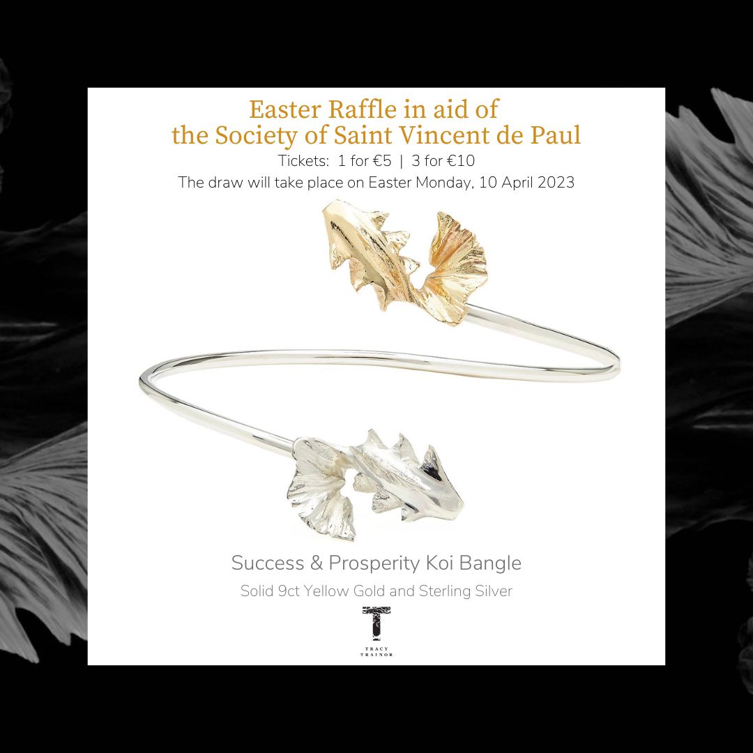 SVP_Ireland's tweet photo. SVP Cavan is raffling off one of Tracy Trainor Jewellery's Success &amp; Prosperity Koi bangle bracelets. The money raised will help families with school aged children in Cavan. Tickets: €5 for 1 ticket or €10 for 3 tickets. Draw: Easter Monday, 10/04/23. 
 https://t.co/Lw3SbGpsij https://t.co/JnU5D7TxEM