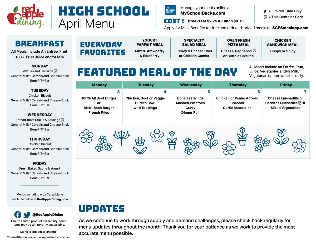 SCPSInfo's tweet photo. April menus are now available! 🌷

Menu for Elementary guests ➡ https://t.co/W52sFxhXZE
Menu for Middle guests ➡ https://t.co/bkiPgX3unG
High student guest menus ➡ https://t.co/sE2rQ1PCj3

Please continue to view menus online for weekly updates. 😊 https://t.co/gBSaTAQLlz