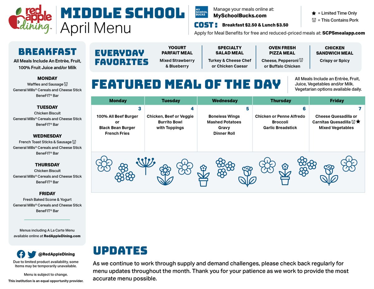 SCPSInfo's tweet photo. April menus are now available! 🌷

Menu for Elementary guests ➡ https://t.co/W52sFxhXZE
Menu for Middle guests ➡ https://t.co/bkiPgX3unG
High student guest menus ➡ https://t.co/sE2rQ1PCj3

Please continue to view menus online for weekly updates. 😊 https://t.co/gBSaTAQLlz
