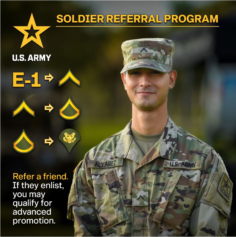 The Soldier Referral Program incentivizes current Soldiers to share their experiences with high quality candidates, educating and inspiring them about the benefits of Army service. Text RFRL to GOARMY (462769) #BeAllYouCanBe #ArmyPossibilities @TRADOC @USArmy