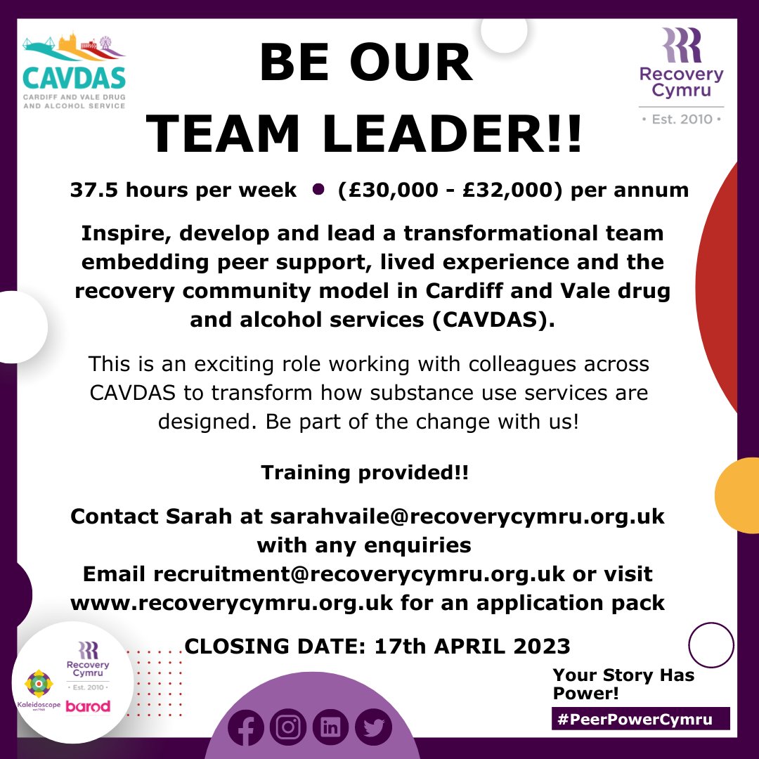 Are you passionate about peer support and recovery? We are recruiting for a Team Leader to inspire, develop and lead a transformational team in Cardiff and The Vale! Explore the role: tinyurl.com/3b4my7th #PeerPower #RecoveryCommunity #TransformingServices