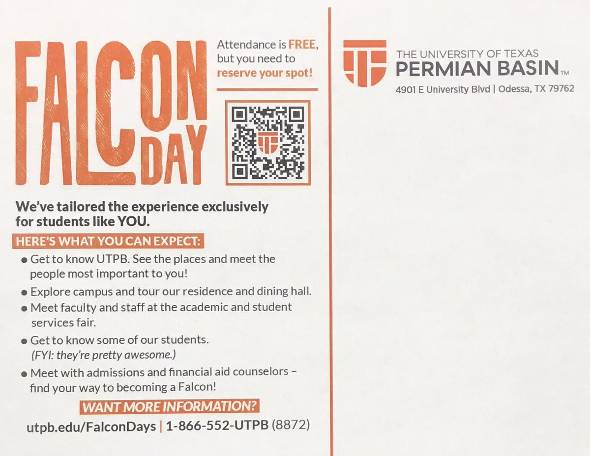 OCAwolves's tweet image. The last Falcon Day @utpb is this Saturday, April 1st.  If you plan on attending UTPB next year, this would be a great opportunity to learn all things UTPB. You won’t want to miss it!  See the flier below &amp;amp; QR code for details. #ClassOf2023 #FalconUp #FalconDay 🟠⚫️🦅