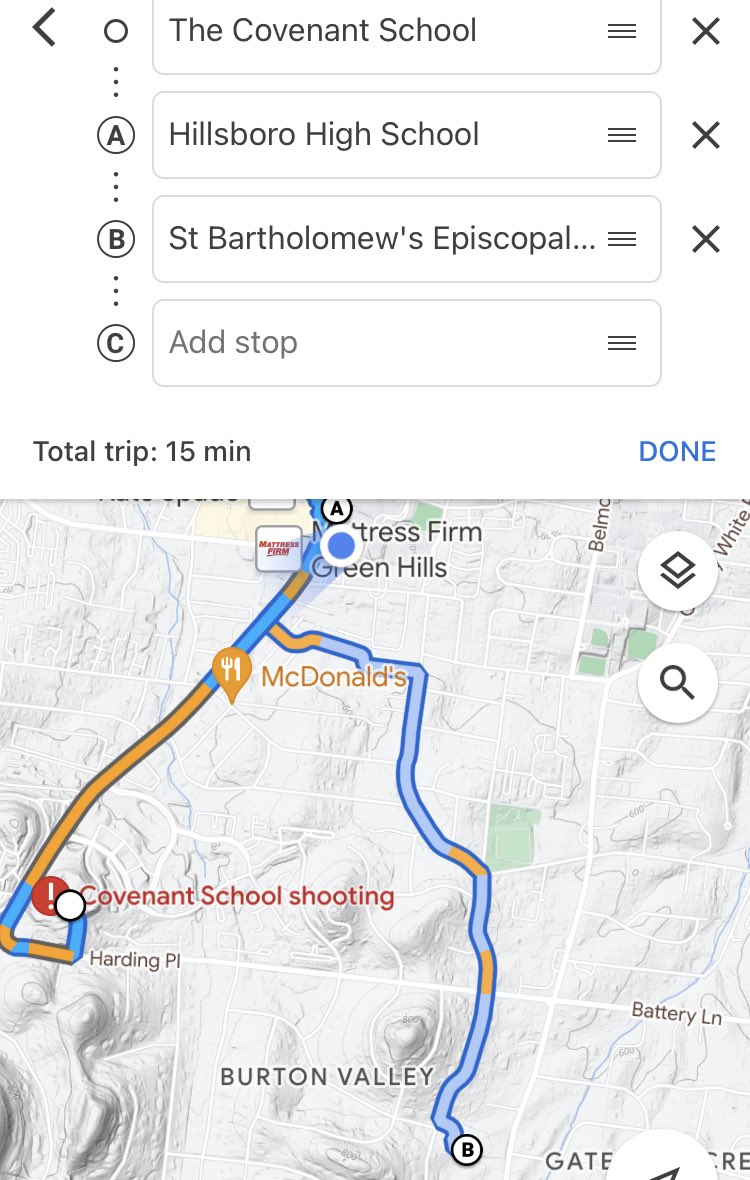 natecfields's tweet photo. Hillsboro High School is one mile away from Covenant, a private Christian school down the street from us in Nashville.  Our school has been on lockdown since 10:20. We had just gotten back from all being outside during a fire drill. Please hold your loved ones close today. https://t.co/EqwoZOr421