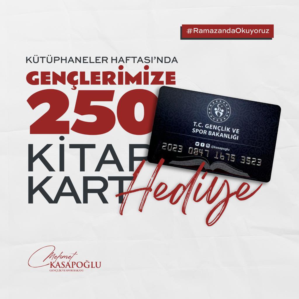 Kütüphaneler Haftası'na özel GSB Kitap Kart hediyesi olmazsa olmaz dedik.🎁

#RamazandaOkuyoruz etiketi ile okuduğu kitabın ismini paylaşan 250 kişiye Kitap Kart hediye ediyoruz.📚