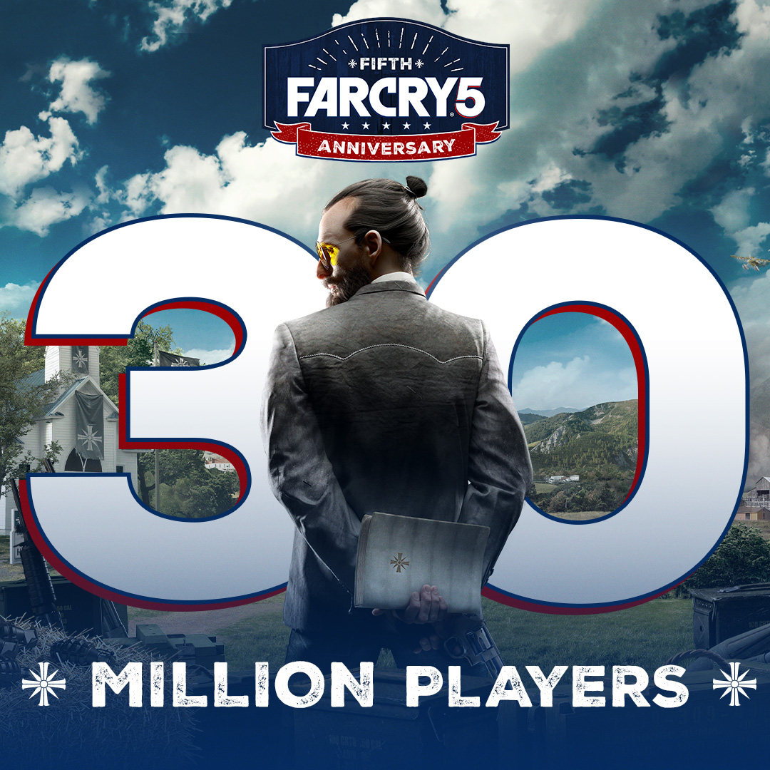 Ubisoft's tweet photo. Over 30 million players have joined the fight against Joseph Seed's cult since the original release of #FarCry5, 5 years ago. Thank you for taking this journey with us! https://t.co/hHC84d7iiI