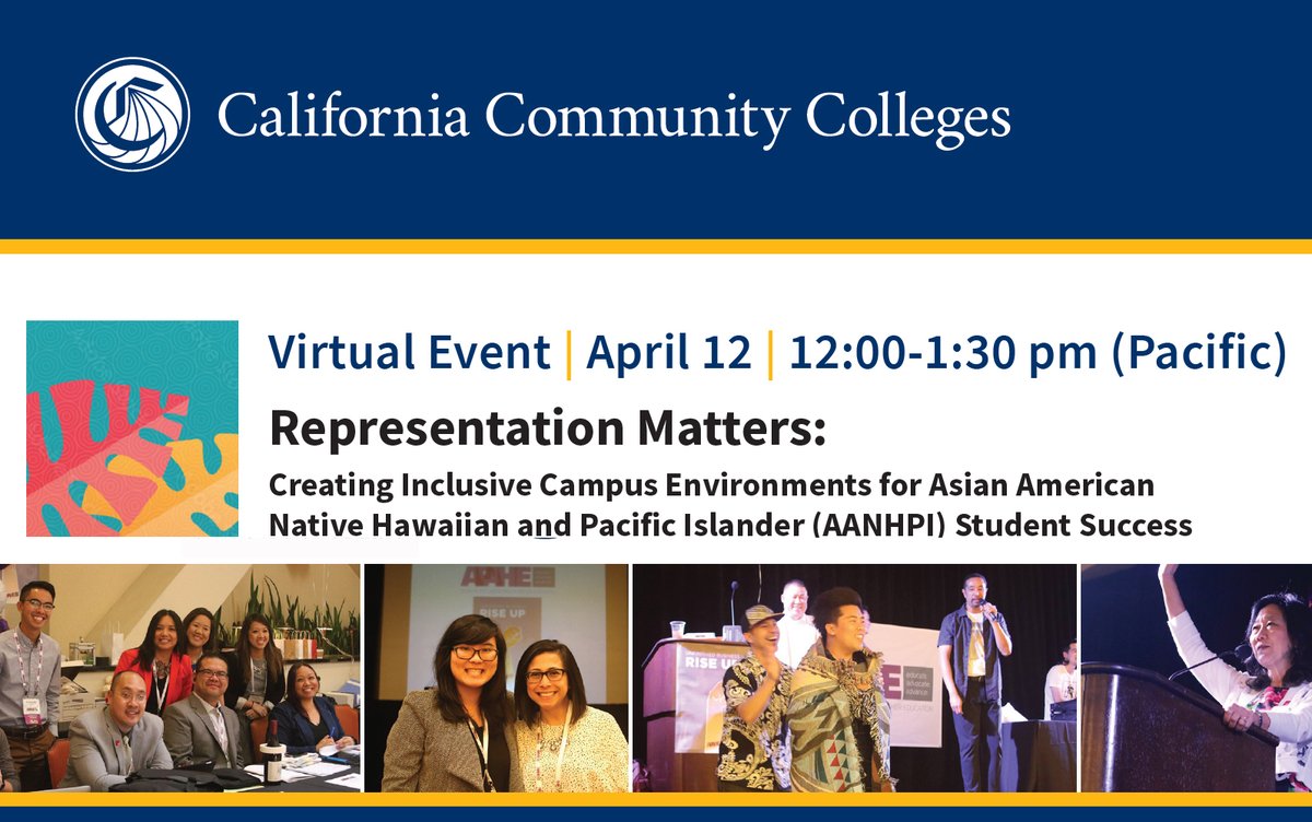 Please join us 4/12/23 at 12 pm for the virtual event, Representation Matters: Creating Inclusive Campus Environments for Asian American Native Hawaiian and Pacific Islander (AANHPI) Student Success.

Register: representationmatters.pro-av.com.