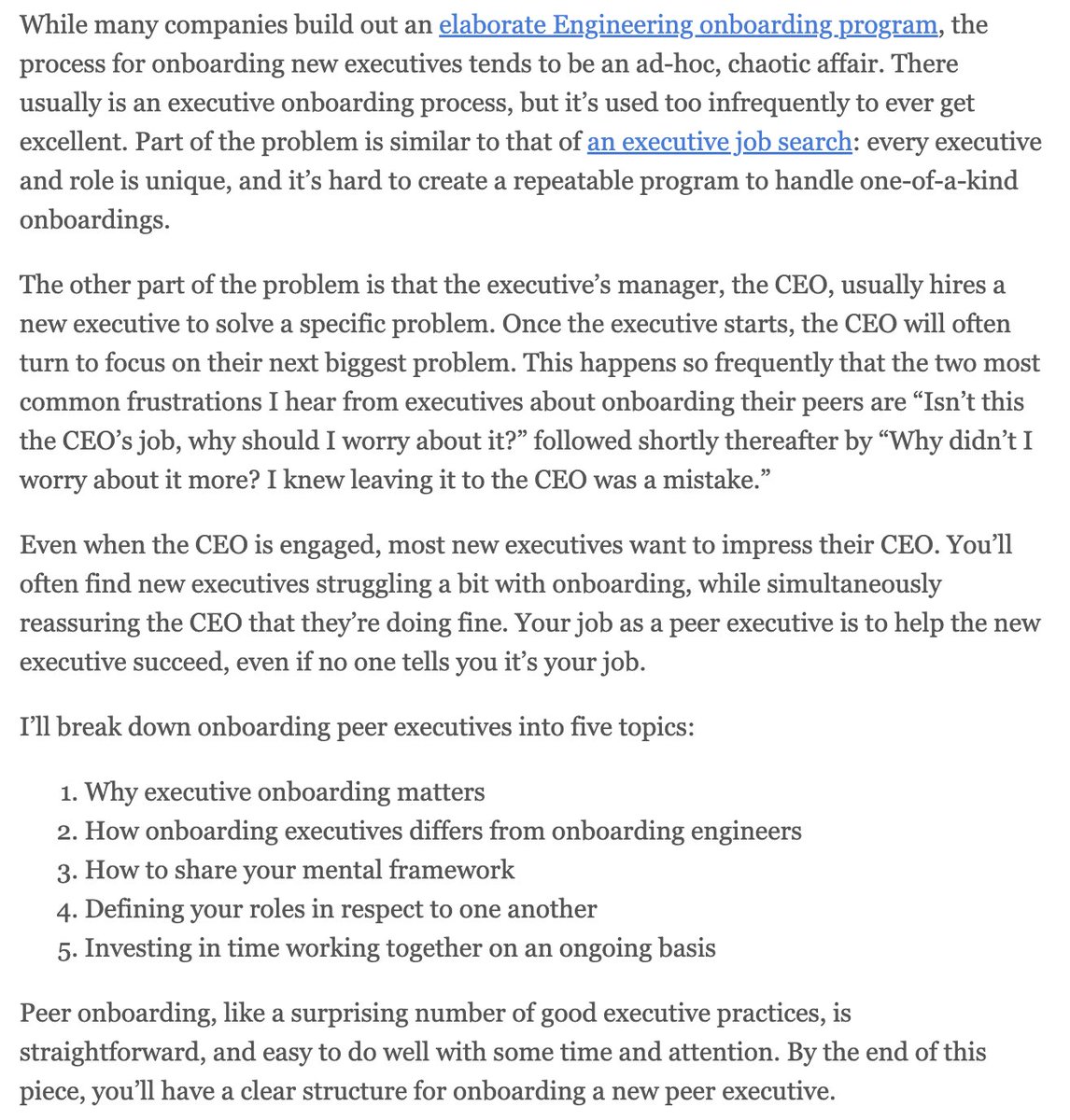 Many of the new engineering executives I've worked with had a rough time onboarding. The struggles vary: often kicking off a giant migrations or marshaling an Engineering reorg before understand team context.

Notes on helping peer execs onboard well: lethain.com/onboarding-pee…