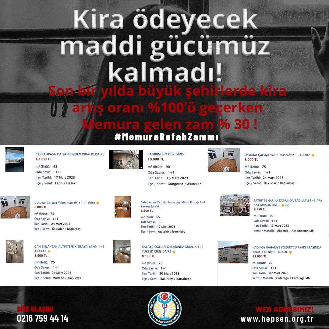 Kira Ödeyecek Maddi Gücümüz Kalmadı!
Son bir yılda büyük şehirlerde artış oranı %100'ü geçerken MEMURA GELEN ZAM %30 !

#MemuraRefahZammı