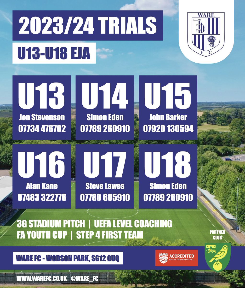 🚨 2023/24 EJA RECRUITMENT 🚨

We are now looking to recruit at all 6 age groups for the upcoming 2023/24 season. 🔵⚪️ 

Please find all details below ⬇️

<a href="/Ware_FC/">Ware FC</a> <a href="/EJALeague/">EasternJnrAlliance</a>