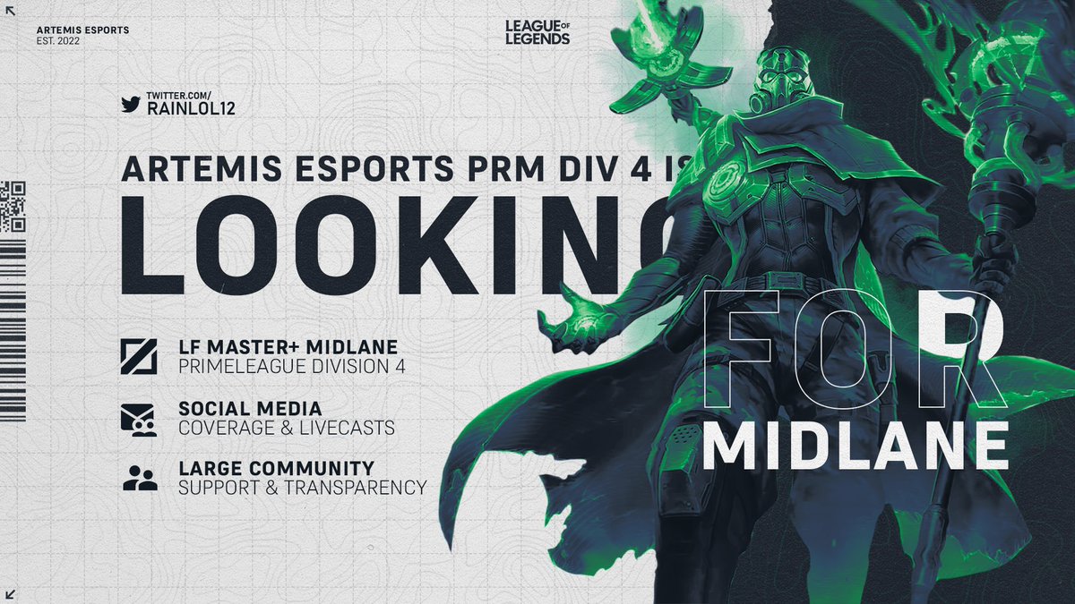 【 #RECRUITING 】

Unser PRM Div 4 Team sucht für den kommenden Split nach einer neuen Midlane. Du fühlst dich berufen uns auf der mittleren Linie zum Win zu führen?  Melde dich gerne bei <a href="/Rainlol12/">Rain 🌦</a>, wir freuen uns auf dich!🙌💚

#FollowOurPath🍃 #OnTheHunt🏹<a href="/lft_prime/">Prime League LFT</a>
