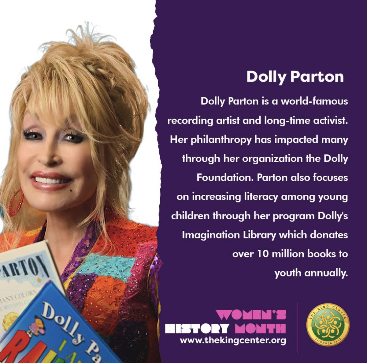 BerniceKing's tweet photo. Today, @TheKingCenter is honoring #DollyParton. Join us this #WomensHistoryMonth as we honor women that have made an #impact on our #WorldHouse. https://t.co/cqYxaQUBtx