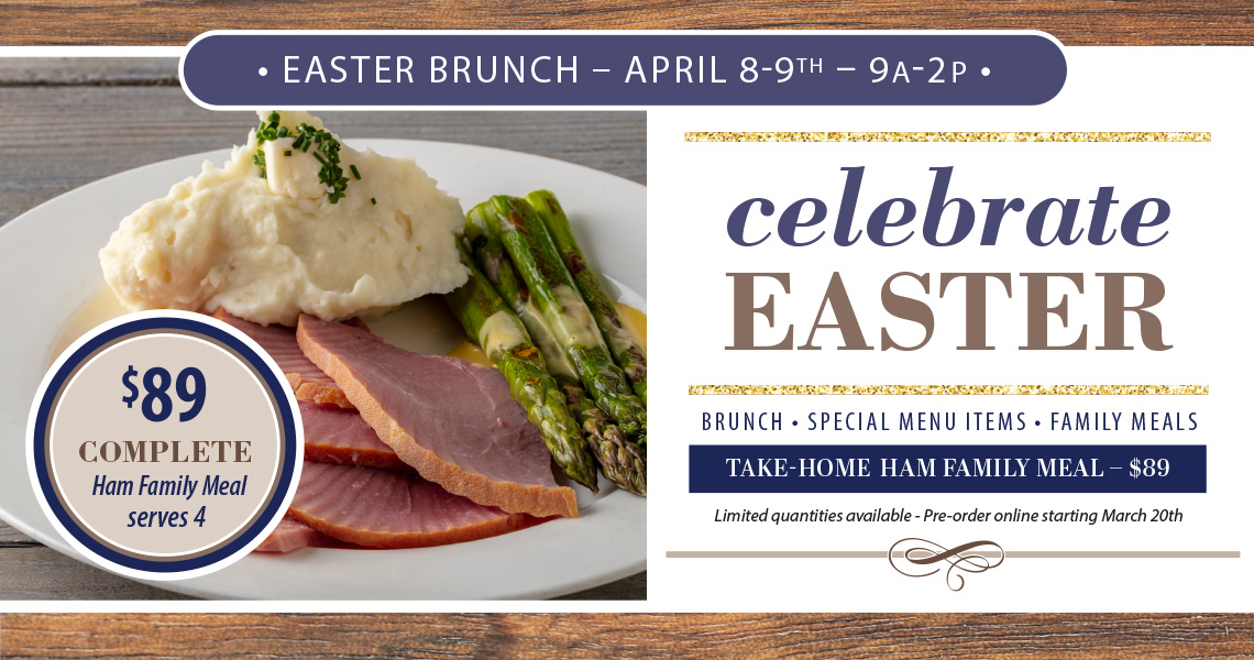 Celebrate with an Easter feast without all the hassle! Our special Take-Home Easter Family Meal feeds four and includes a juicy ham, roasted asparagus, buttered mashed potatoes, salad, and a dozen rolls. Pre-order now and pick up between April 7th-9th!