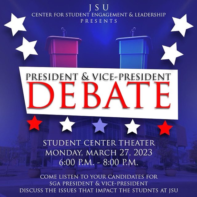 JSUSGA's tweet image. As you can probably tell, election season is well underway and we’re so excited for the candidates. ALL students are welcome and encouraged to attend tonight’s debate!