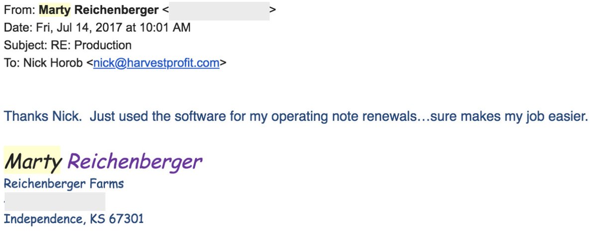 Here's an email we received from a customer when he was working on his operating note renewal last year.  If you'd like to try a free trial to see if our software is a fit for your operation, visit this link: harvestprofit.com/freetrial