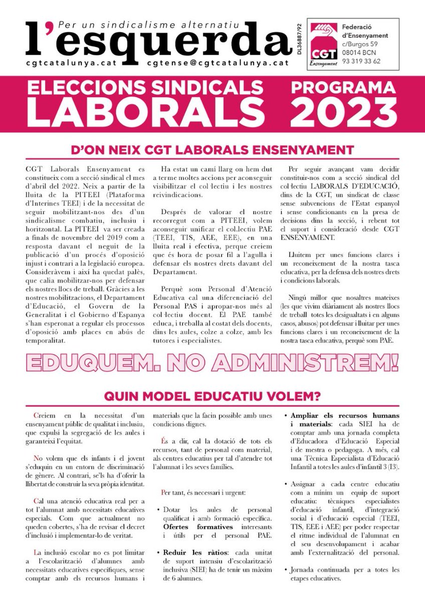CgtLaborals's tweet photo. Programa electoral @CgtLaborals 

El dia 25 d'Abril el teu vot és important. 
Entre totes, tot!✊

#ImPArablEs #CGTEnsenyament #SomPAE #Lalluitacontinua #imprescindibles https://t.co/KLyjGOpA5S