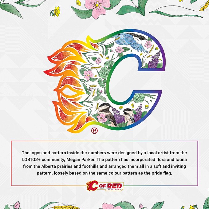 A close-up shot of the logo with the following description: The logos and pattern inside the numbers were designed by a local artist from the LGBTQ2+ community, Megan Parker.The pattern has incorporated flora and fauna from the Alberta prairies and foothills and arranged them all in a soft and inviting pattern, loosely based on the same colour pattern as the pride flag