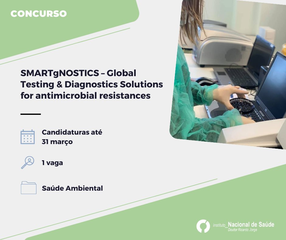 irj_pt's tweet photo. Concurso para contratação de um doutorado na área da Saúde Ambiental no âmbito do projeto SMARTgNOSTICS (Global Testing &amp; Diagnostics Solutions for antimicrobial resistances). Candidaturas até 31 de março.

Saiba mais ➡️ https://t.co/SDQZV7thhR

#SMARTgNOSTICS #INSA #SNS https://t.co/durMjXvMa5