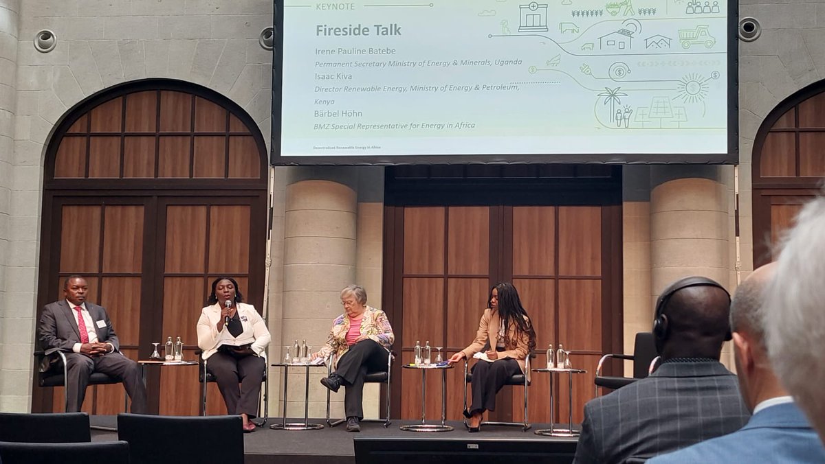 Earlier today: Eng. Irene Bateebe, Permanent Secretary - MEMD makes a keynote address during a partner event on Decentralised renewable energy in Africa as a key to a global energy transition, at the #betd23 in Berlin. <a href="/MEMD_Uganda/">Ministry of Energy & Mineral Development</a>, <a href="/brianisabirye/">Brian E. Isabirye, Ph.D.</a> , <a href="/David_energyGIZ/">David Otieno</a>, <a href="/SMuyita/">Solomon Muyita</a>