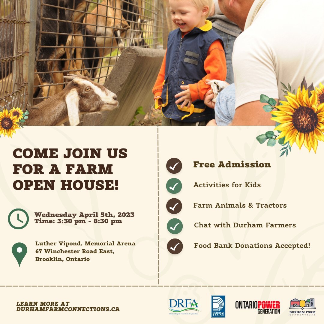 Join <a href="/farmconnections/">DurhamFarmConnections</a> on April 5 from 3:30 to 8:30 p.m. for their Open House at the Luther Vipond Memoria Arena. Chat with Durham farmers, experience a cow milking demonstration, cheese making and more!