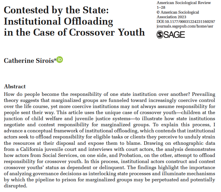 Cathy Sirois (@csirois13) on Twitter photo I’m excited to share my new article in <a href="/ASR_Journal/">American Sociological Review</a>, which addresses a fundamental question of state governance: how do marginalized groups become the responsibility of one bureaucratic institution over another? 1/
Link: doi.org/10.1177/000312… I’m excited to share my new article in <a href="/ASR_Journal/">American Sociological Review</a>, which addresses a fundamental question of state governance: how do marginalized groups become the responsibility of one bureaucratic institution over another? 1/
Link: doi.org/10.1177/000312…