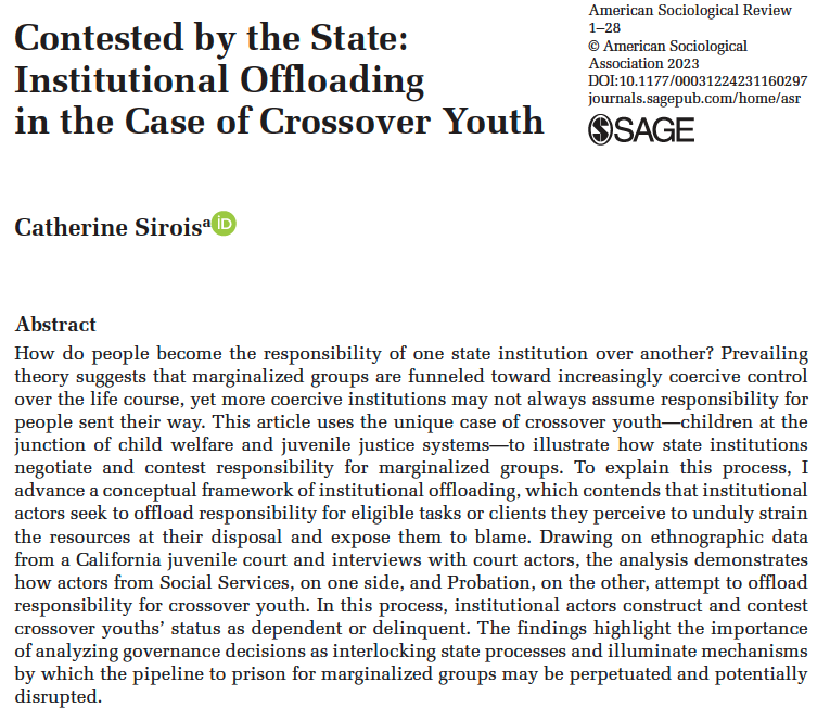 I’m excited to share my new article in @ASR_Journal, which addresses a fundamental question of state governance: how do marginalized groups become the responsibility of one bureaucratic institution over another? 1/ Link: doi.org/10.1177/000312…