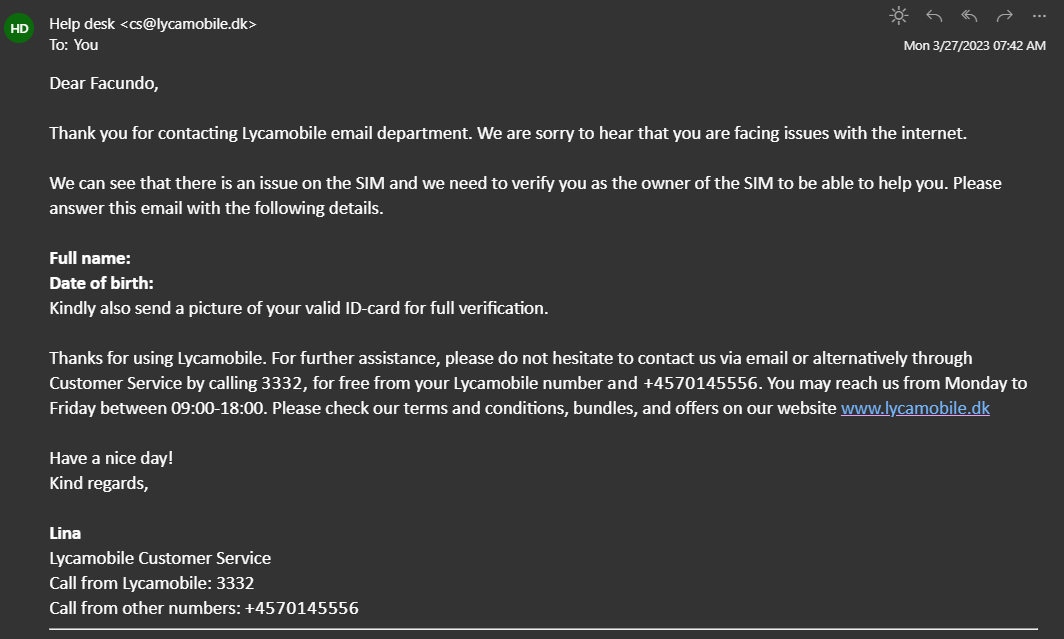 KOFierro's tweet photo. @LycamobileDK Why do you need an ID to make a service you sold work? I am registered in your website with that mail. It's been 4 days I can't use my phone because your sim doesn't work and instead of an apology and a quick solution this is what I get: https://t.co/1Th0J9guHm