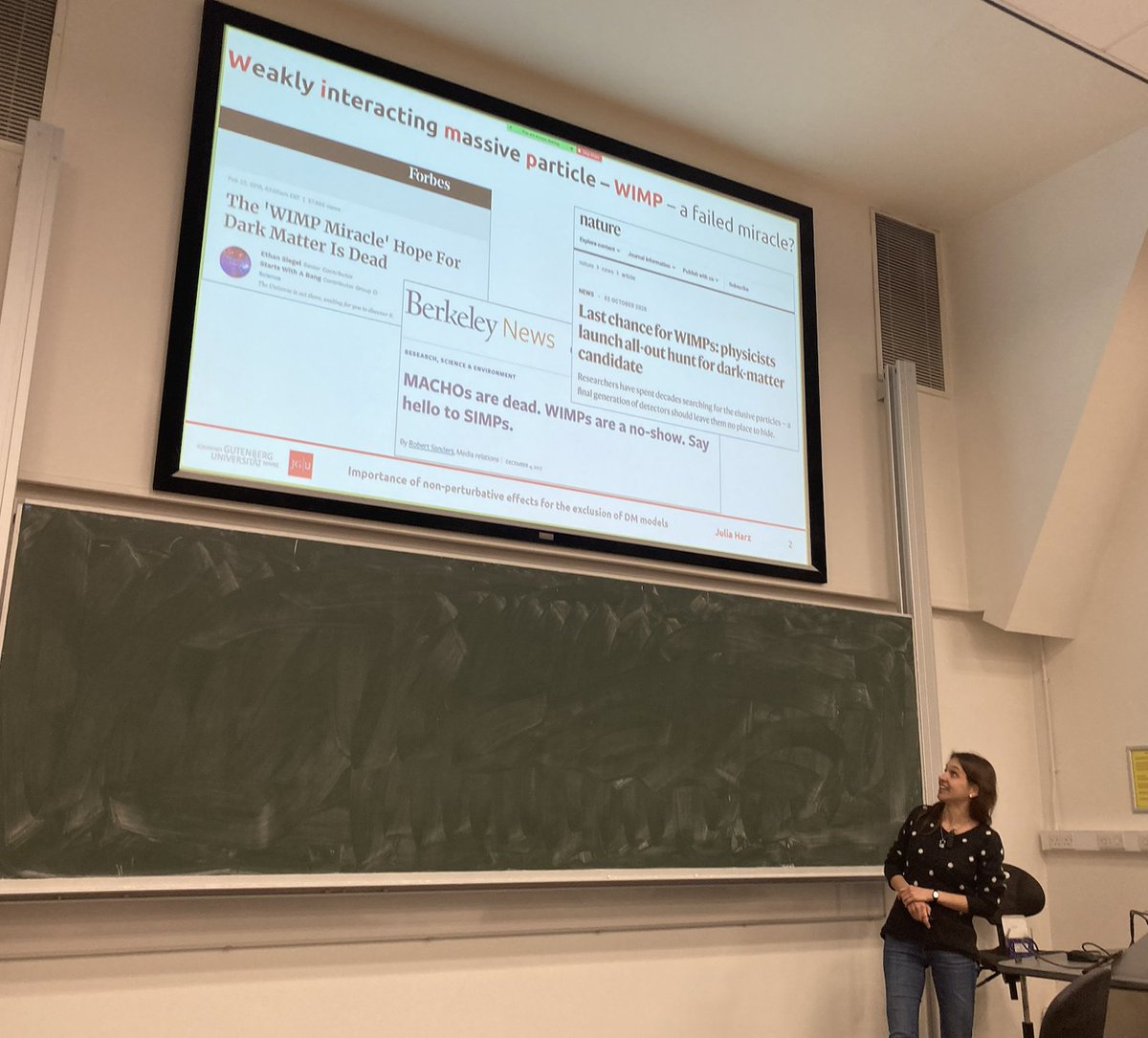 beyondwimps's tweet photo. In the last talk today, Julia Harz asked a serious question: WMP - a failed miracle? The answer is of course no, at least since we don't believe in miracles. But leaving out a systematic study of the remaining parameter space would indeed be negligent. #boundstate formation https://t.co/3Q6jKEXiz1