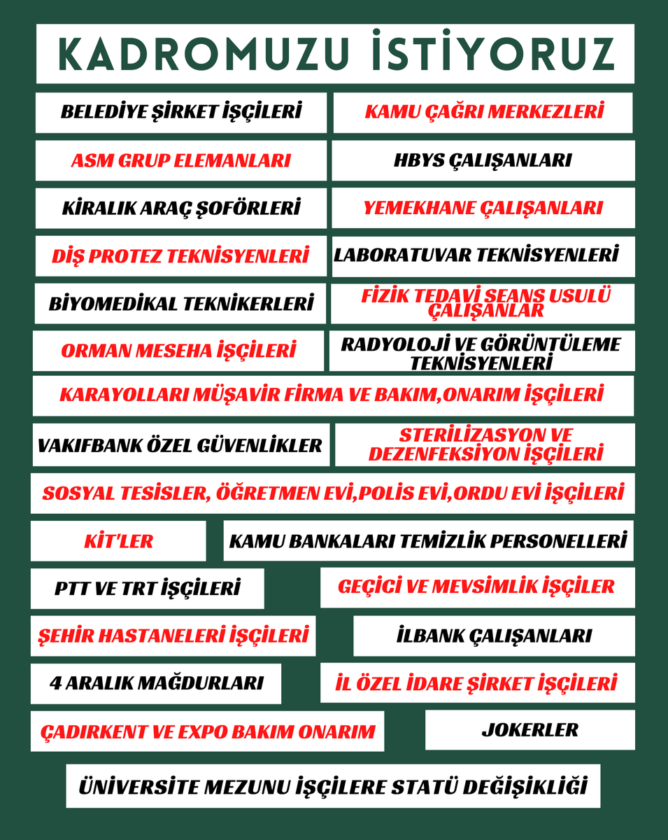 TaşeronunSabrı ArtıkTükendi
KİT'ler,%70eTakılanlar,
KamuÇağrıMerkezi,Hbys,
Karayolları,SosyalTesis,
AsmGrupElemanları, VakıfbankGüvenlik Taşeron İşçiler,
BelediyeŞirket İşçileri
 Kadroya alınsın.
ÜniversiteMezunuKamuİşçilerine StatüDeğişikliğiHakkıVerilsin. <a href="/vedatbilgn/">Vedat Bilgin</a>