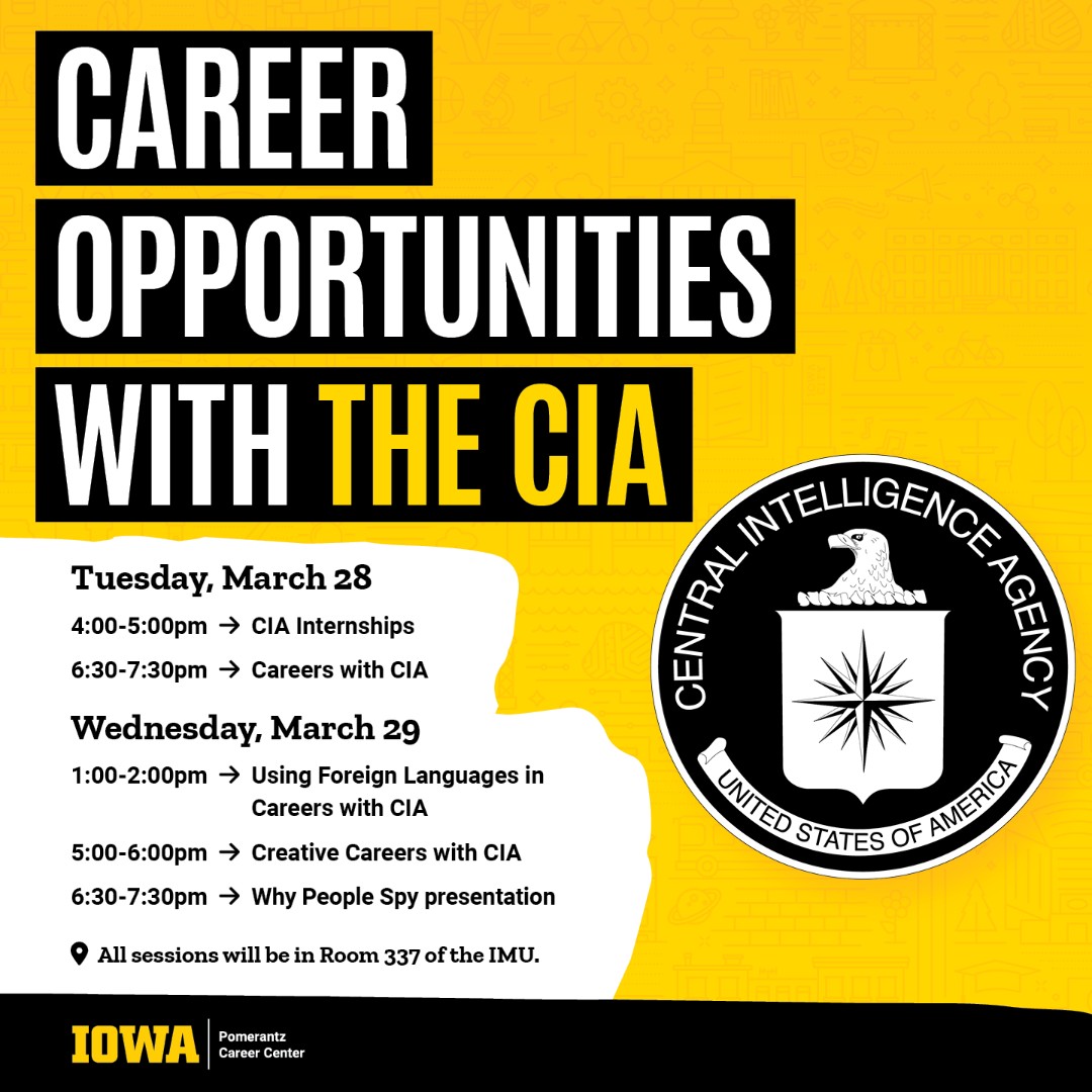 The CIA is on campus with a mission to recruit some Hawkeyes! (and they're taking over our Instagram!) Don't miss out on a chance to #LandThatJob on March 28-29! (IG: uicareercenter )  #designYourMission #weHaveAMissionForYou #CIAcareers #uiowa #nowhiringhawkeyes @CIA