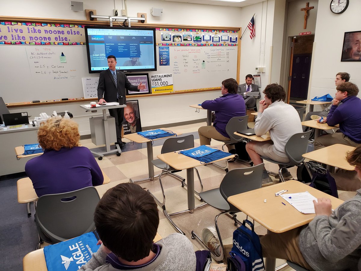 Thanks to <a href="/ElderHighSchool/">Elder High School</a> grads Joe Bianco '97 and DJ Gruen '97 from <a href="/eaglebank1/">EAGLE.bank</a> who instructed our Personal Finance students today. The loan officers answered questions and covered credit reports, scores, and bureaus, interest rates and various types of loans and bank services.
