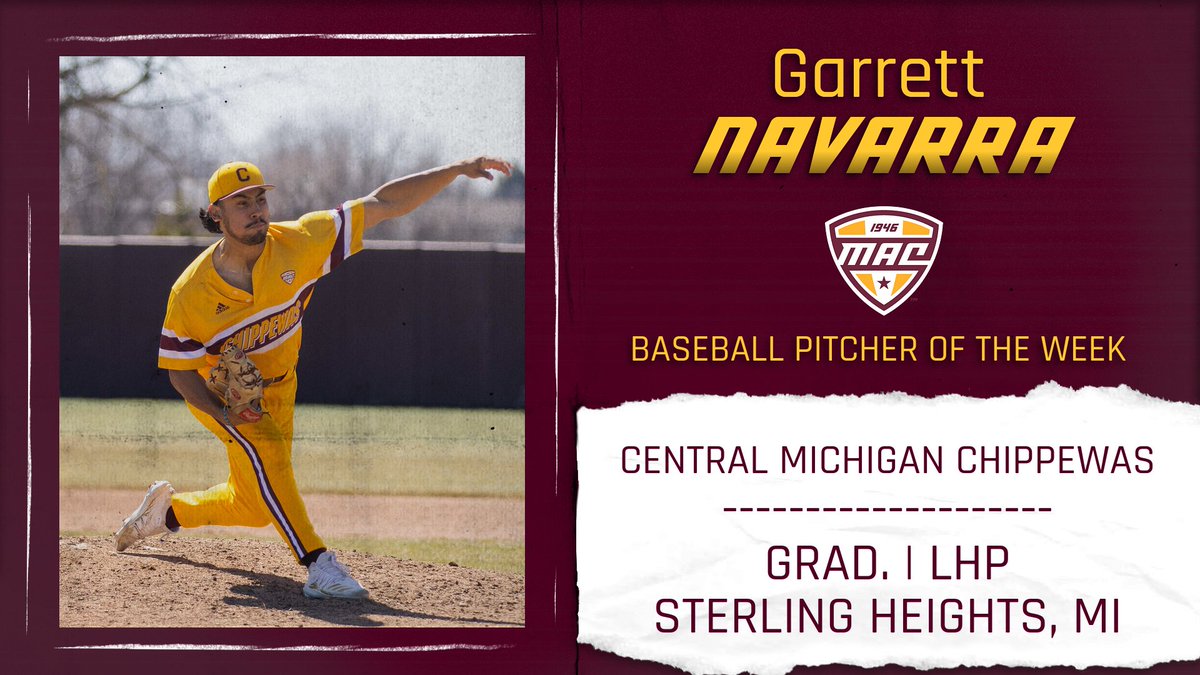MACSports's tweet photo. CMU's Navarra allowed two hits in the first inning, then set down 11 straight batters and 14 of the next 15. Kent State's final three hits off Navarra were infield singles and he struck out nine while walking just one.

@CMUBaseball | #MACtion https://t.co/scNbkAQVWN