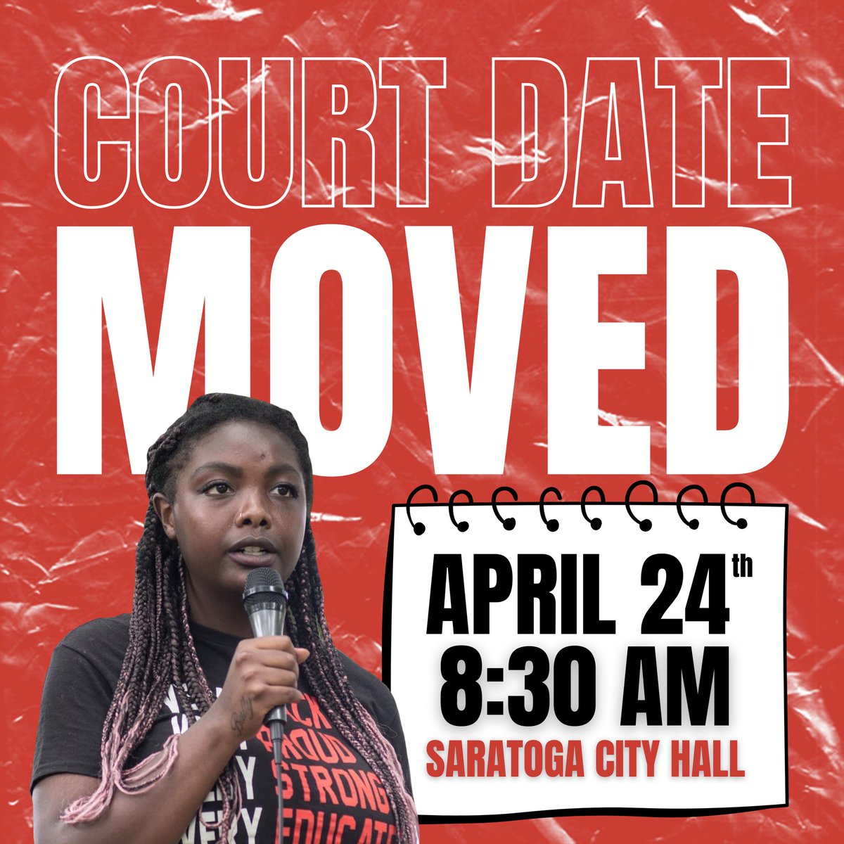 SaratogaBLM's tweet photo. Due to an unfortunate injury, Chandler’s upcoming court appearance has been rescheduled to Monday, April 24th at 8:30am. Chandler needs our support more than ever, show her love and solidarity by providing court support. 

#ThePeoplesMeeting #SaratogaBLM https://t.co/nKbpKOyPfp