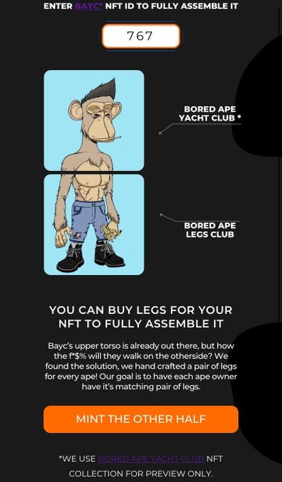 BoredApeLegs's tweet photo. check your other half 
if its not #boredapelegsclub
MINT 👇
https://t.co/bsSvXD73gN
and check again 😋

#NFTCommunity #NFTs #nft #mint #BoredApe #otherhalf #wtf #BAYC #MAYC #MintLive #Ethereum #ETH https://t.co/cE3NwgGo7w