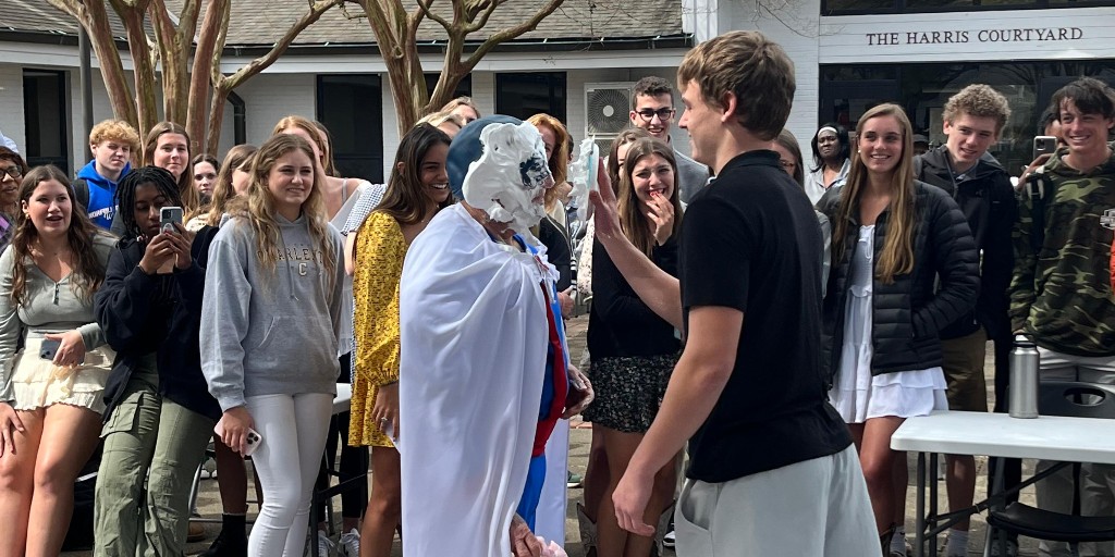 Shoutout to Dean Buckingham for being amazing! As part of our US student Day of Giving challenge, Buckingham agreed to be pied in the face if 25 students gave on March 17. The students came through &amp; so did Dean Buckingham, who donned Capt. Collegiate's outfit for the event.