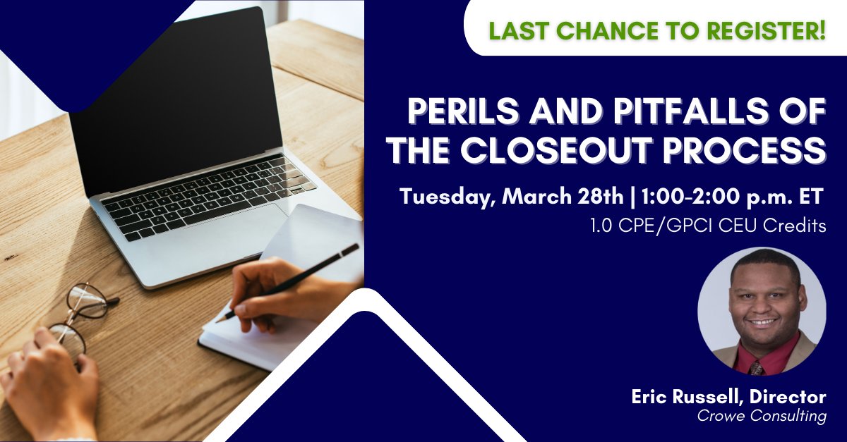 ThompsonGrants's tweet image. It's not too late to join us tomorrow at the Thompson Grants webinar where Eric Russell will breakdown best practices during the closeout process. Register today: thompsongrants.com/product/Perils… #closeout #guidance #grantsmanagement #federalgrants
